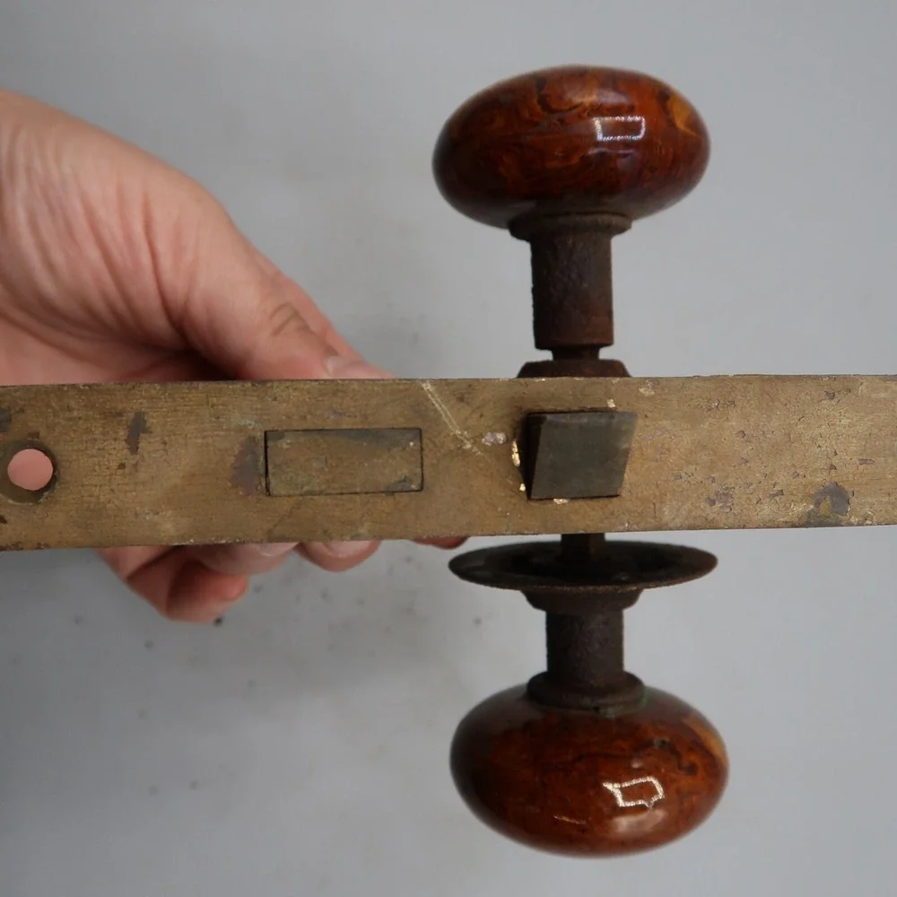 Antique Door Knob Lock Plate Lock‎ Assembly Eastlake Style Brown Stone Marble